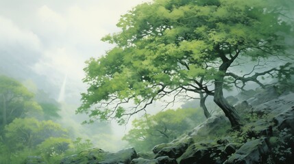 Fototapeta premium A lush green rainforest with sunlight filtering through, left empty space, pale yellow-green backgroundgenerative ai illustration