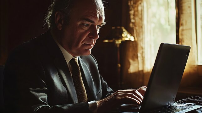 Mature businessman in the office Mature businessman typing on a laptop in his office, with copy space. businessman