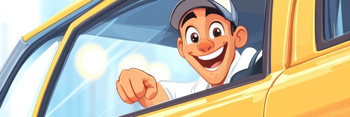 Smiling taxi driver in a yellow cab with glowing streetlights at night