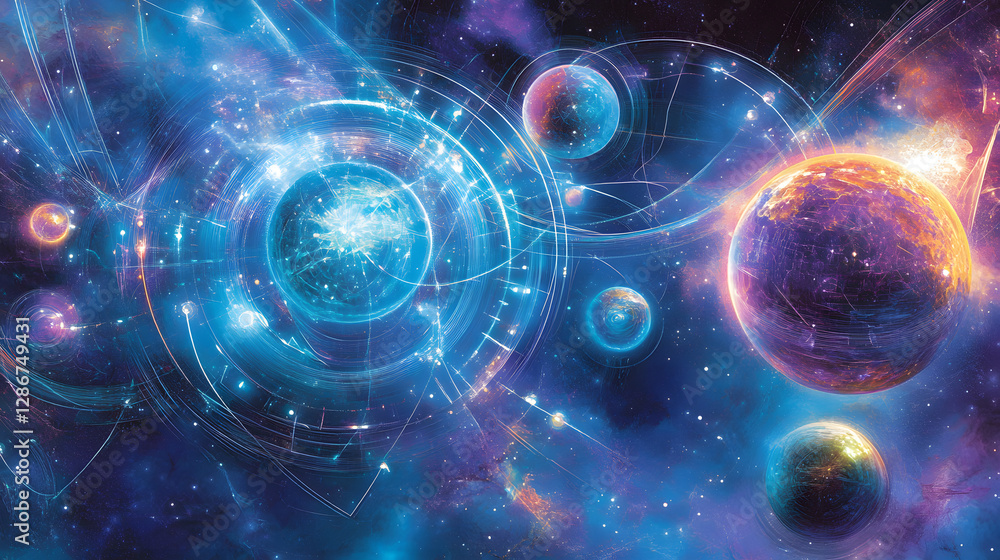 Poster group of planets in the night sky with abstract cosmic elements and colorful tulips in the foregroun