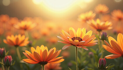 Sunset Orange Flowers Serene Close-Up Warm Light Background
