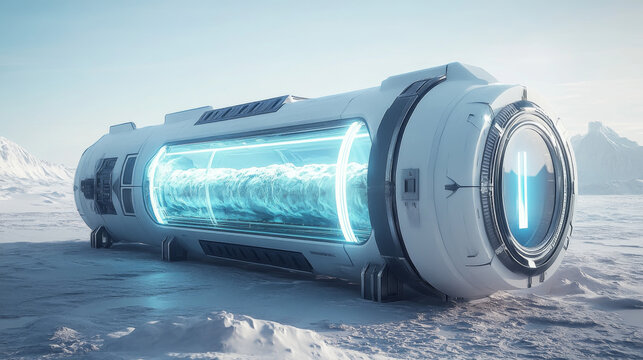 Cryonics capsule, futuristic container with glass tube and cryogenic liquid for hibernation on spaceship or laboratory. Scientific technology camera, Sci-fi freezer, Realistic 3d vector illustration