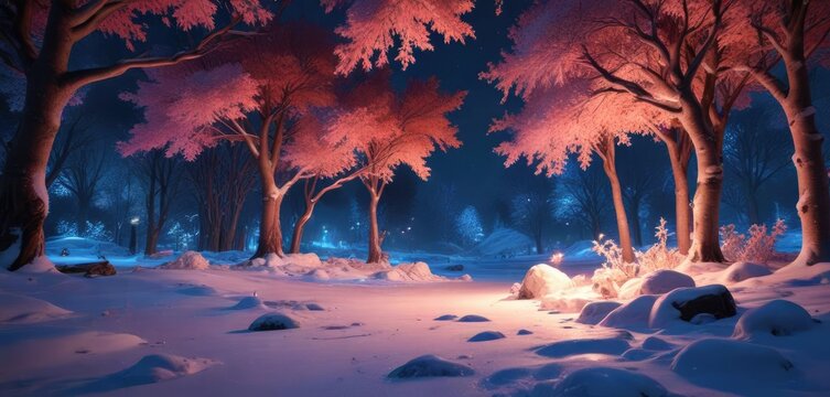 Un basurero cubierto de nieve y hielo en la parte superior de un parque con ?rboles y luces de ne?n , parque, ?rboles, nieve