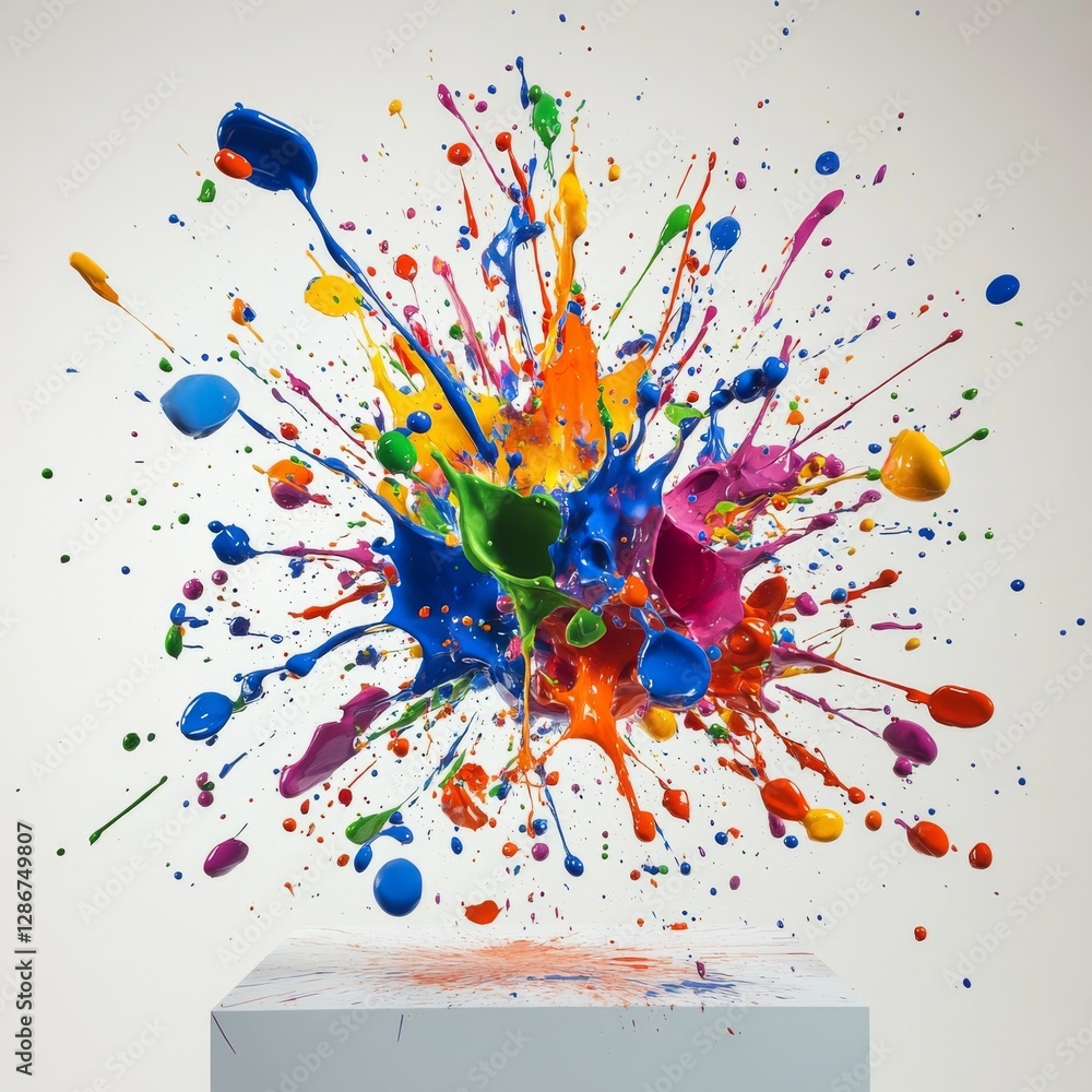 Aufkleber vibrant paint splatter explosion on a white background, colors bursting from a central point on a di