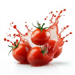 Vibrant Tomatoes: A Splash of Freshness, Capture the juicy burst of ripe tomatoes and the dynamism of a liquid splash.