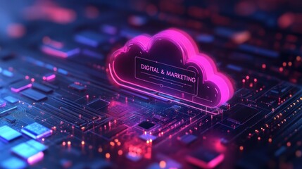 A bright cloud-themed illustration representing DIGITAL and MARKETING tools, icons, and communication in a creative style