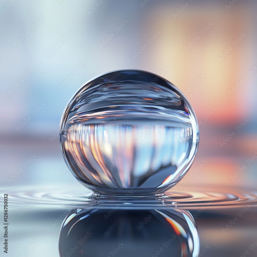 Poster water sphere reflecting abstract colors on rippling surface: a macro study of light and water