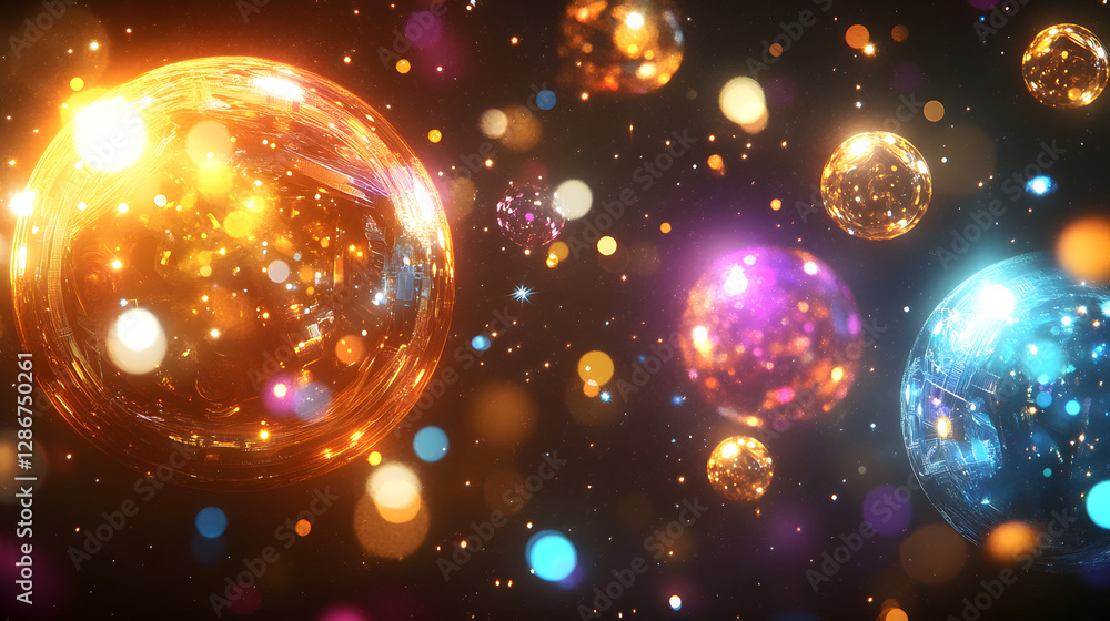 Poster Group of shiny spheres floating in the air with colorful reflections and abstract patterns in a surreal environment