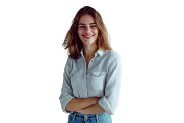 Portrait of Confident Young Businesswoman with a Friendly Smile Standing with Arms Crossed isolated on white transparent background, png
