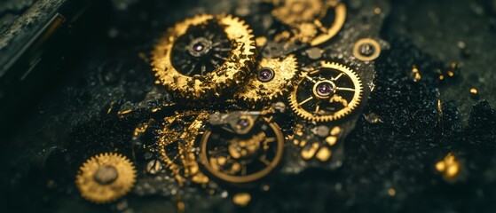 Golden cogs and gears are strewn artistically over a dark surface, capturing the intricate beauty of dismantled machinery.
