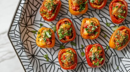 Fototapeta premium Tiny stuffed mini bell peppers, arranged symmetrically on a geometric modern plate with a touch of edible gold dust