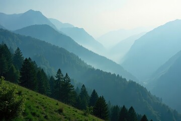 Fototapeta premium Mountain landscape with misty atmosphere and gentle slopes, misty, forest scenery, natural scenery
