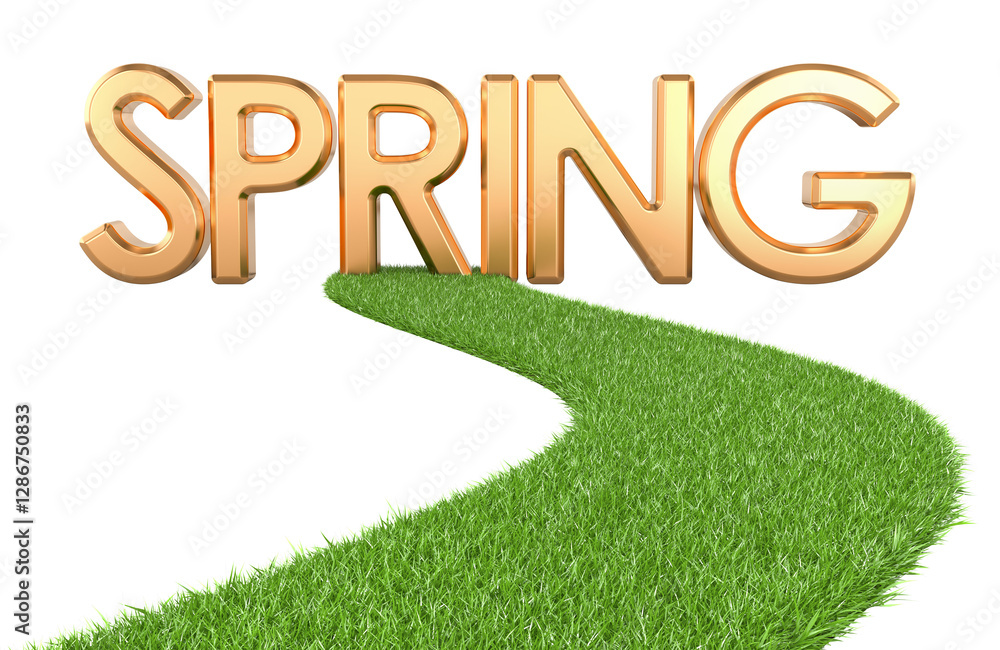 Poster spring concept. green grass way with spring inscription, 3d rendering isolated on transparent backgr