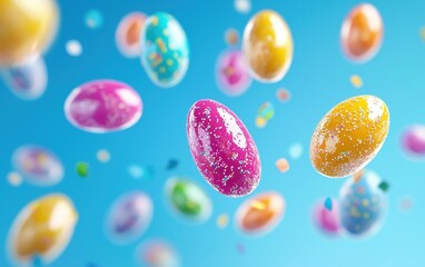 Floating colorful candy eggs with glossy coating on a radiant sky blue background Easter Day