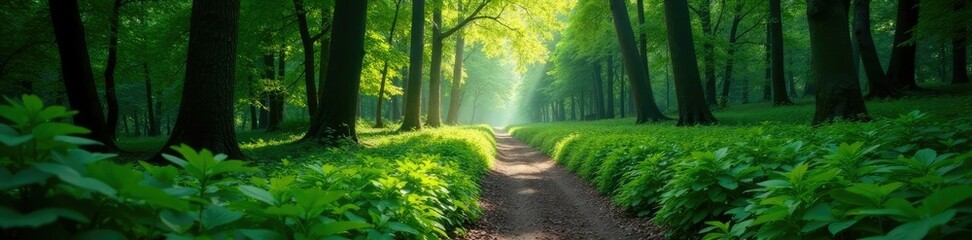 Fototapeta premium Forest path through dense green trees and foliage, water, nature landscape