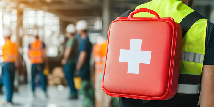 Construction site worker safety and first aid kit. Worker in safety gear with a first aid kit in a construction site, highlighting safety and preparedness in a work environment.