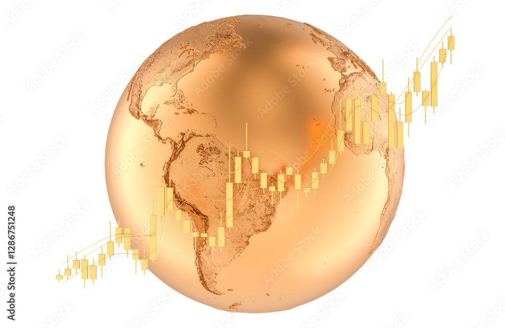 Poster earth globe with candlestick chart. showing uptrend global market, concept. 3d rendering isolated on