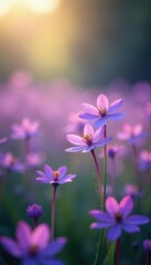 Fototapeta premium Delicate purple blooms dance in the garden's natural haze, sweet, flower field