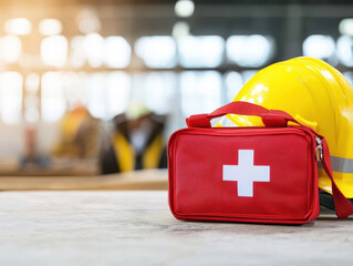 Construction site worker safety and first aid kit. A red first aid kit and yellow hard hat on a work surface, symbolizing workplace safety and health preparedness.