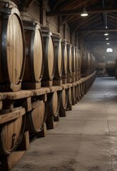 Wooden scotch barrels lined up in a row in a traditional aging facility, maturation, cellar
