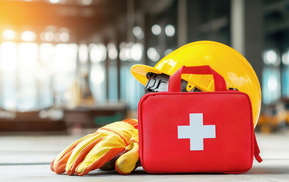 Construction site worker safety and first aid kit. First aid kit and safety gear on a construction site, symbolizing workplace safety and preparedness.