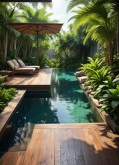 Fototapeta premium Wooden patio overlooking tranquil pool surrounded by tropical plants, peaceful, lush tropical, patio