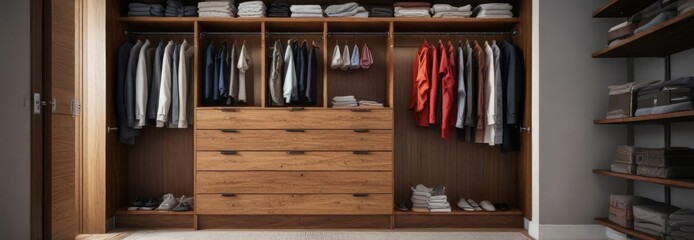 Obraz premium Wooden closet with drawers and stacked clothes, wooden closet, tidy room