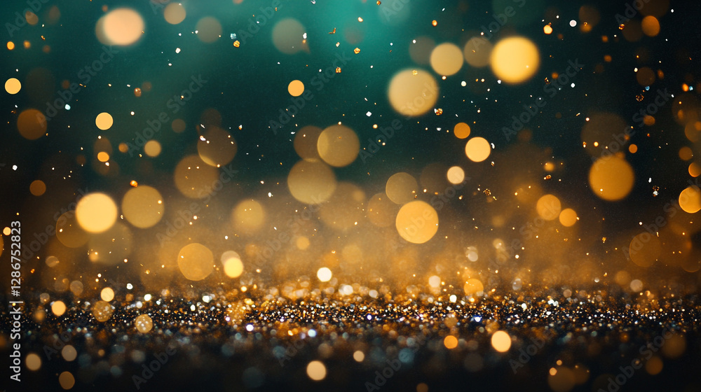 Poster golden glitter particles shining in soft light create a festive atmosphere in a dim background