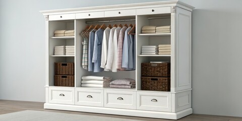 White wardrobe with clothes hanging on rail and folded towels, storage solutions, tidy room