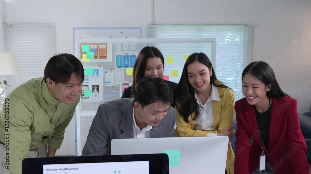 Aufkleber professional team rejoicing after completing project, clapping excitedly while standing together in 