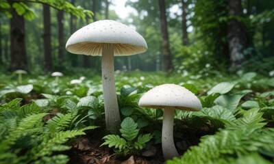 White mushroom surrounded by green leaves in plantation, farming, agriculture background, organic farming, mycology, vegetable