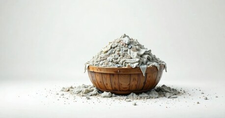 White background contrasts with a dirty laundry pile in a large wooden basin, creating an unpleasant atmosphere , unpleasant scene, dirty laundry wood basin, soiled clothes
