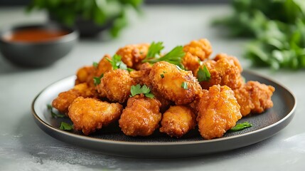 Fototapeta premium Crispy golden chicken bites garnished with fresh herbs served on a stylish plate with sauce