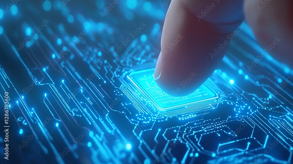 Poster a human finger pressing a glowing ai processor symbolizing artificial intelligence activation and fu