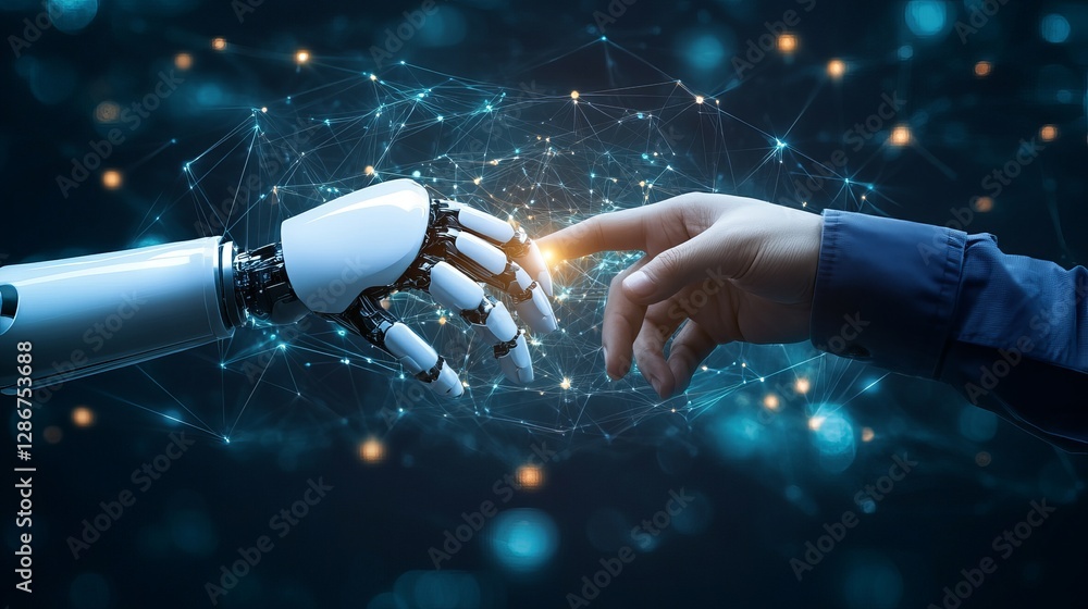 Poster a human and robotic hand touching over a stock graph symbolizing ai big data connections and the fut