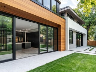 A modern house with large glass doors leading to the garden, featuring an exterior wall made of wood and white concrete.