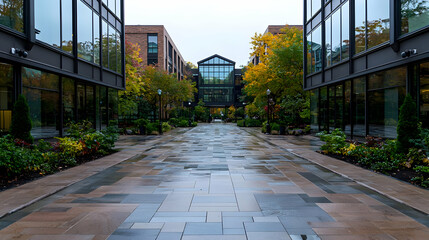 Obraz premium Modern office courtyard autumn; wet paving, trees