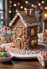 Whimsical gingerbread house surrounded by colorful candy canes and gumdrops on a festive holiday table,  sweet indulgence ,  icing