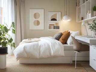A scandinavian-inspired bedroom with sleek, functional furniture.