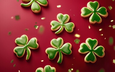 Flying shamrock-shaped cookies with green icing drizzle on deep red background Saint Patrick Day