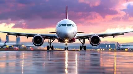 Airplane taxiing runway sunset airport travel