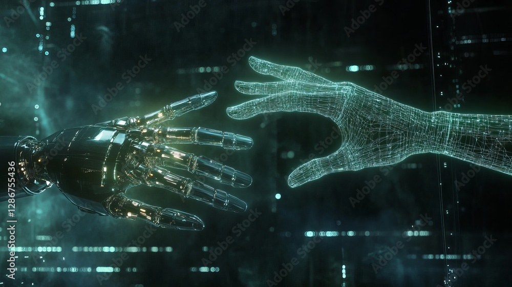 Poster a robotic and human hand connecting through a cyber network symbolizing aihuman collaboration in a d