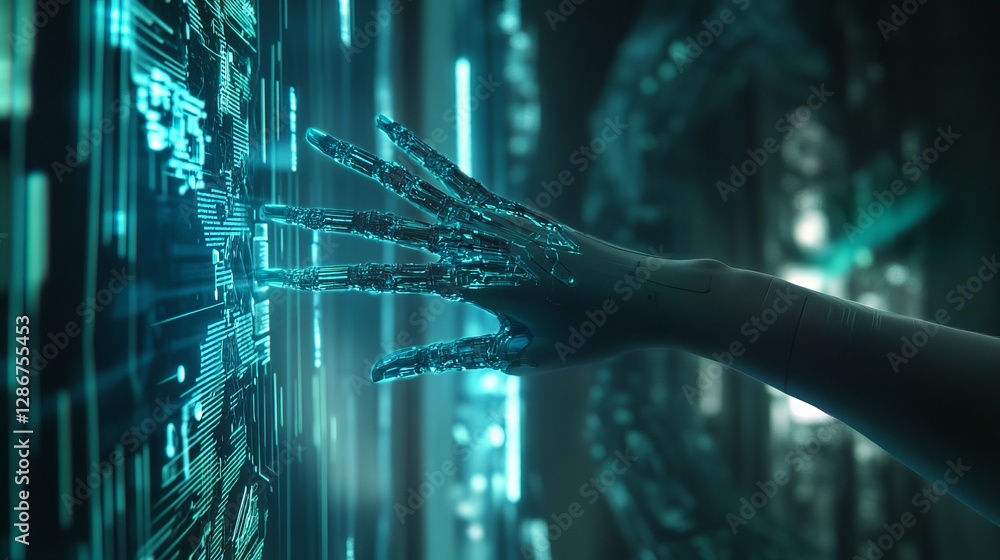 Poster a robotic and human hand connecting through a cyber network symbolizing aihuman collaboration in a d
