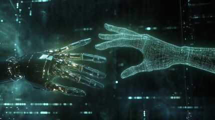 A robotic and human hand connecting through a cyber network symbolizing AIhuman collaboration in a digital world