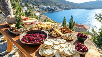 Fototapeta premium A cranberry sauce charcuterie spread, with a variety of cheeses, crackers, and nuts arranged on a festive wooden serving board