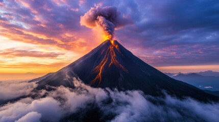 Volcano Eruption with Lava Flowing at Sunset Above the Clouds