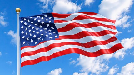 Fototapeta premium American Flag Waving In Clear Blue Sky With Clouds