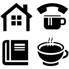 Four black icons vector in a grid: house, phone with coffee, book, and steaming bowl, in a bold, graphic style.