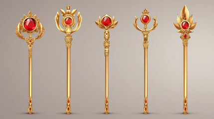 Golden scepters for king or queen, royal wand with red gems for Monarch. Gold sceptres monarchy emperor symbol, imperial coronation rod isolated on white background. Realistic 3d vector illustration