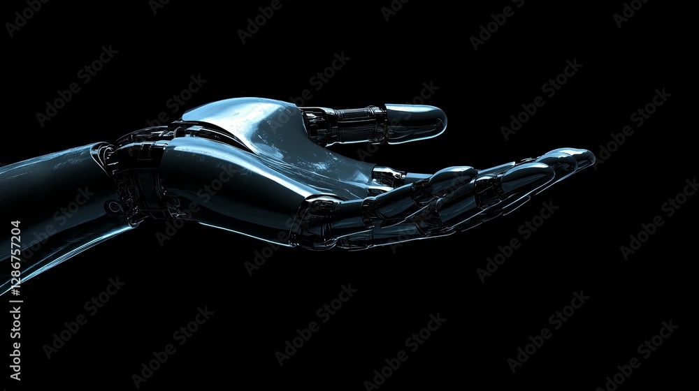 Poster a robotic hand with its palm facing up appearing to hold or present something against a neutral back